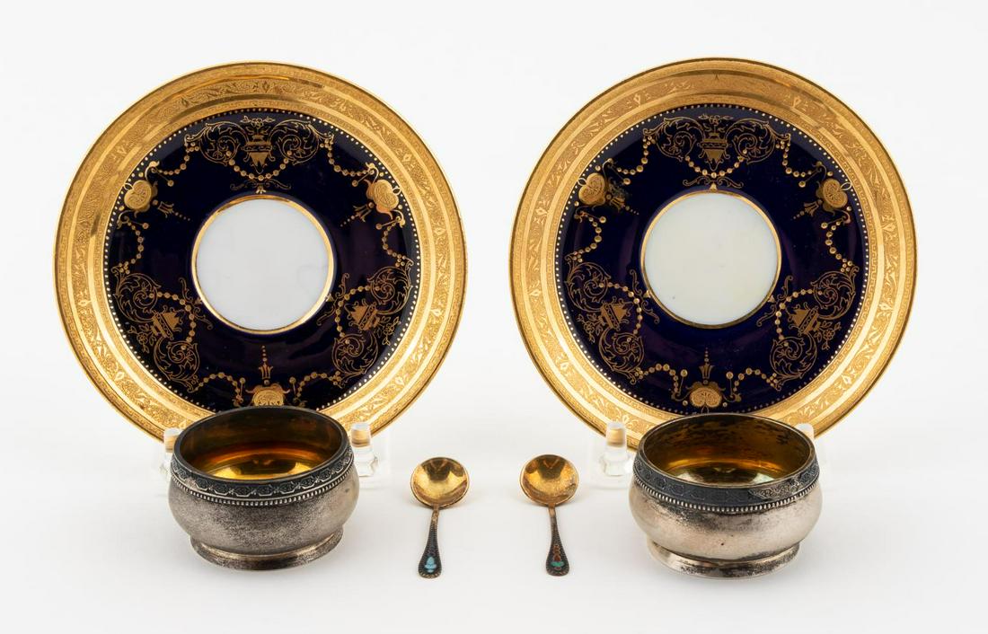 20TH CENTURY SIX SILVER TABLE ARTICLES: French & Soviet Russian, 20th century. Six silver and porcelain table articles including; pair of .875 silver Florentine finish open salts and two enameled salt spoons (CA 1950's, h. 1", dia. 1.875", 