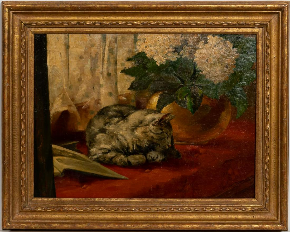MARY GRAY, STILL LIFE OIL PAINTING WITH CAT: Mary Gray (American/Connecticut, 1894-1964). "Still Life with Cat and Flowers", oil on canvas, apparently unsigned. Approx. 24.25" x 30.5" (framed). 18" x 24" (canvas). Provenance: Deaccession from th