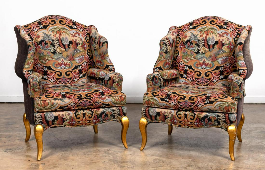 PR. PEARSON COUNTRY FRENCH TAPESTRY WING CHAIRS: American, late 20th century. Pair of Country French inspired wing back upholstered armchairs with loose cushion seats, palm tree tapestry fabric and gold painted finish oak legs. Label under seat for 