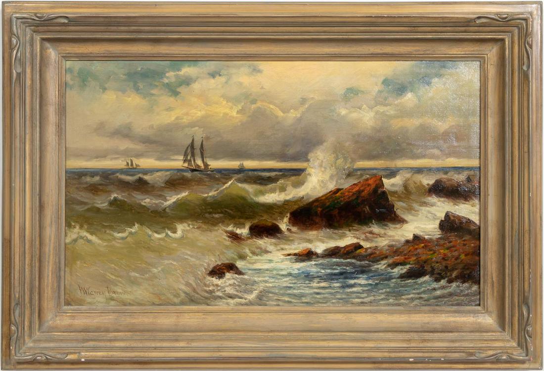 WARREN BROWN, NORTHERN COASTAL SEASCAPE, OIL: W. Warren Brown (Canadian/Maine, born 1881). "Rocky Coast with Sailing Ships", oil on canvas. Signed lower left.Approx. 25.75" x 37.75" (frame), 18" x 30" (canvas)