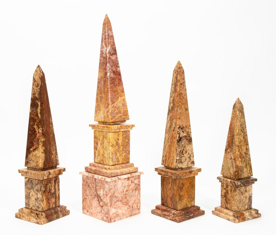 GROUP OF FOUR MARBLE AND STONE OBELISKS: Continental, 20th/21st c. Set of four decorative marble and stone obelisks. Apparently unmarked.Approx. h. 25.5" (tallest)