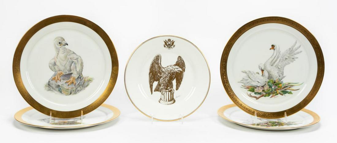 FIVE BOEHM COMMEMORATIVE PORCELAIN BIRD PLATES: Boehm (American), second half 20th century. Group of five commemorative porcelain bird plates comprising of one "Honor America", two "Young American" of the American Bald Eagle, and two "Bird of Peace