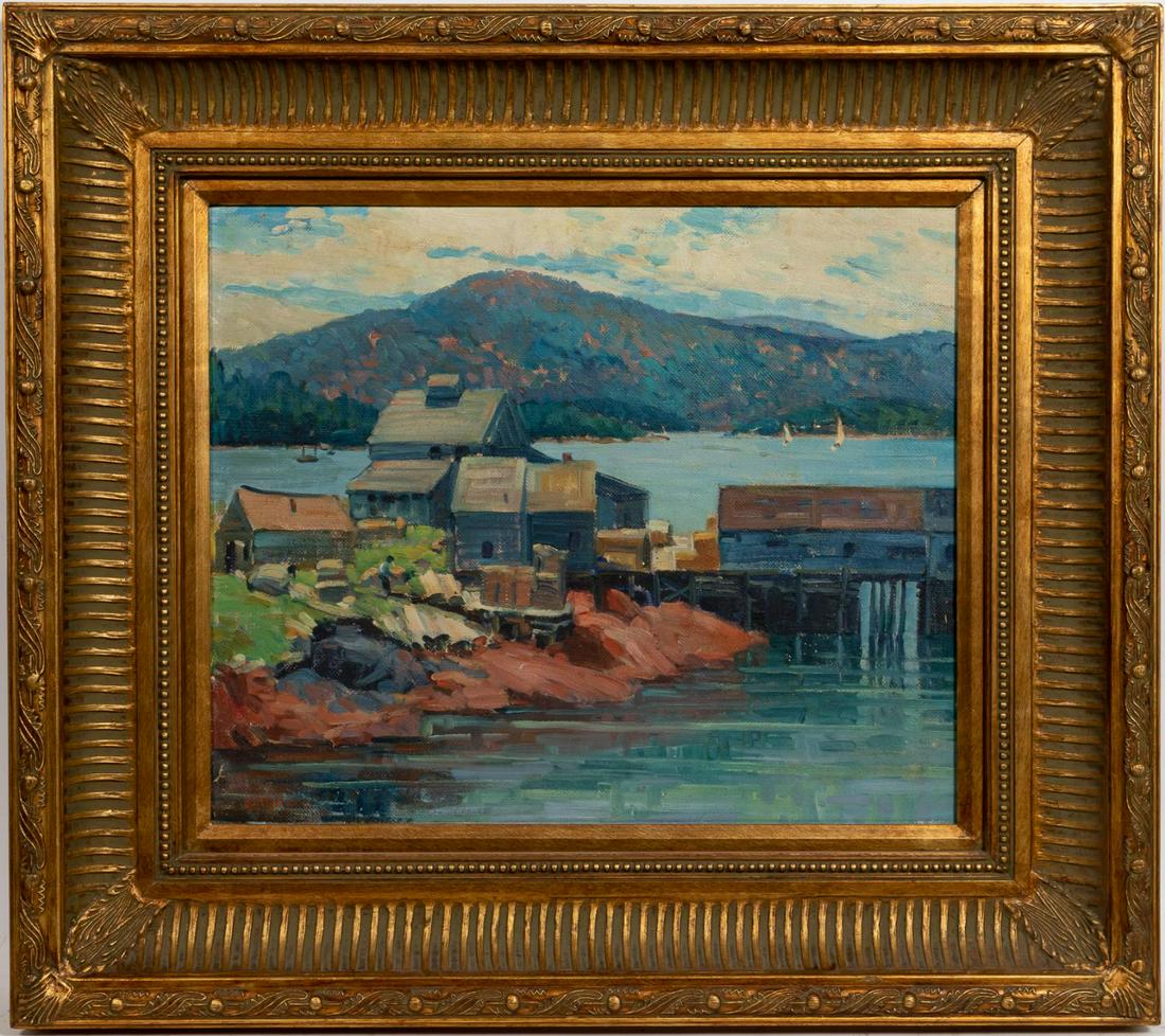 MAINE HARBOR, ROBERT PALLISER, OIL ON PANEL: Robert Palliser (American, early 20th c.). "Lobster Dock", oil on masonite. Signed lower left. Approx. 31.5" x 35.5" (framed), 20" x 25" (panel). Provenance: Deaccession from the Mobile Museum of Art 