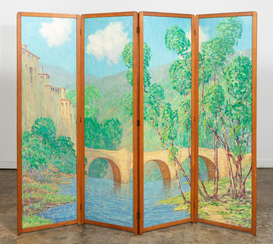 HARRY HOFFMAN, PAINTED LANDSCAPE, FOLDING SCREEN: Harry Leslie Hoffman (American/Connecticut, 1871-1964). "European Landscape with Bridge", oil on panel, in four sections, mounted in wooden folding screen. Estate stamp verso. Note: Known mostly for h