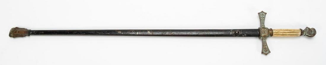 19TH C. HARTLEY & GRAHAM NY FRATERNAL SWORD: American & German, late 19th century. American fraternal sword (possibly Knights of Pythias) with blade by W. Clauberg, Solingin, having a cast brass and reeded bone hilt with knight helmet top, accom