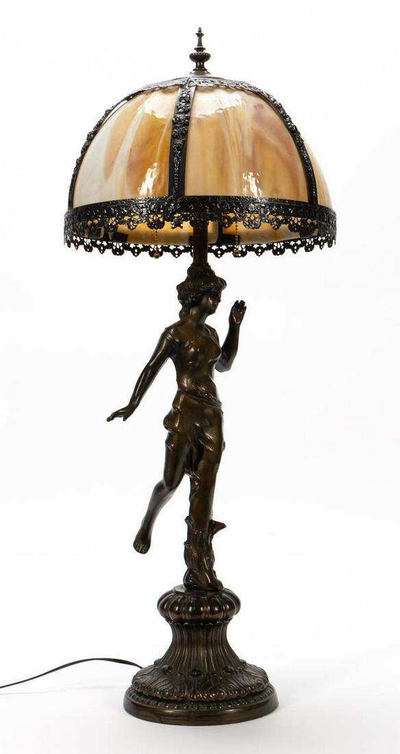 FIGURAL TABLE LAMP IN SPELTER, SLAG GLASS SHADE Oct 25, 2020 Ahlers