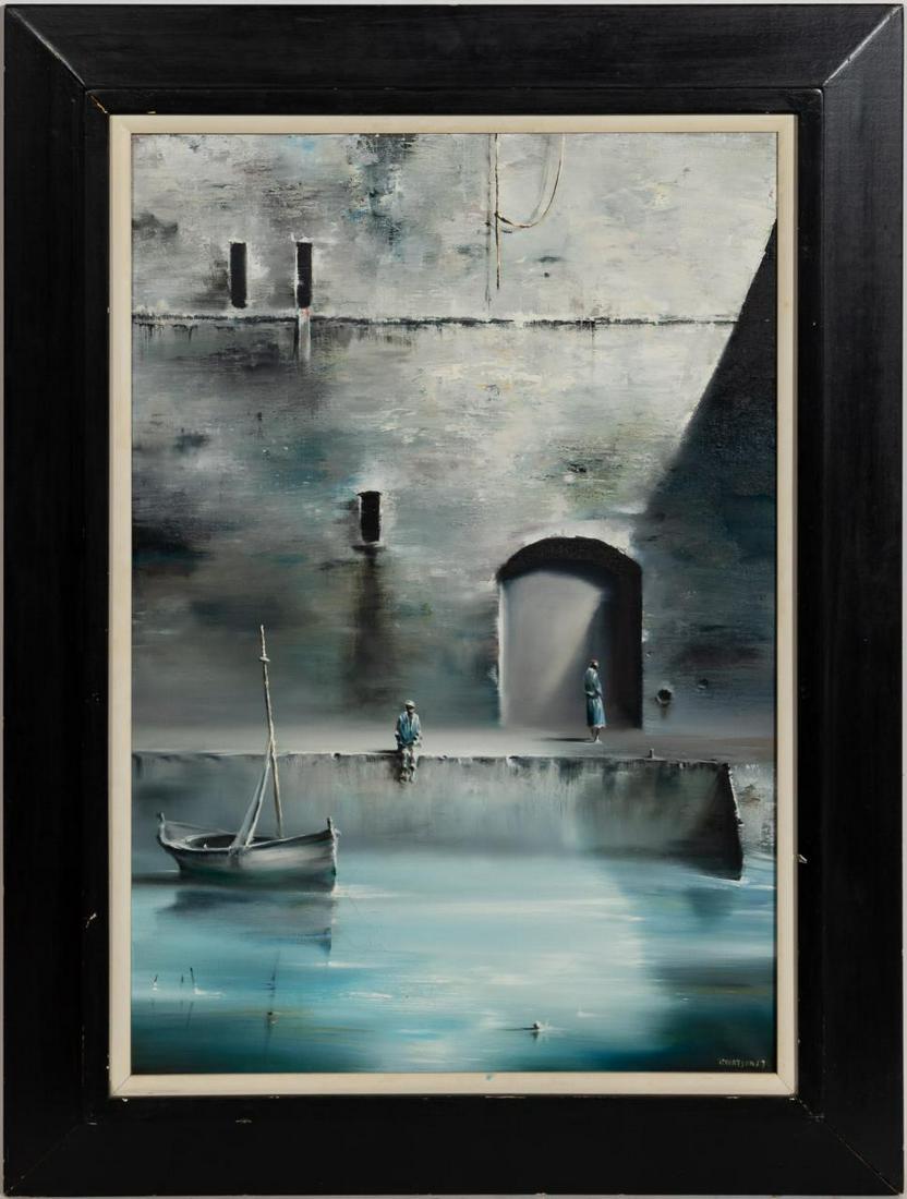 ROBERT WATSON, "VENETIAN BACKWATER" SIGNED OIL: Robert Watson (American/California, 1923-2004). "Venetian Backwater" -1967, oil on canvas. Signed and dated lower right; titled on stretcher.Approx. 32.5" x 24.5" (framed), 26" x 18" (canvas)