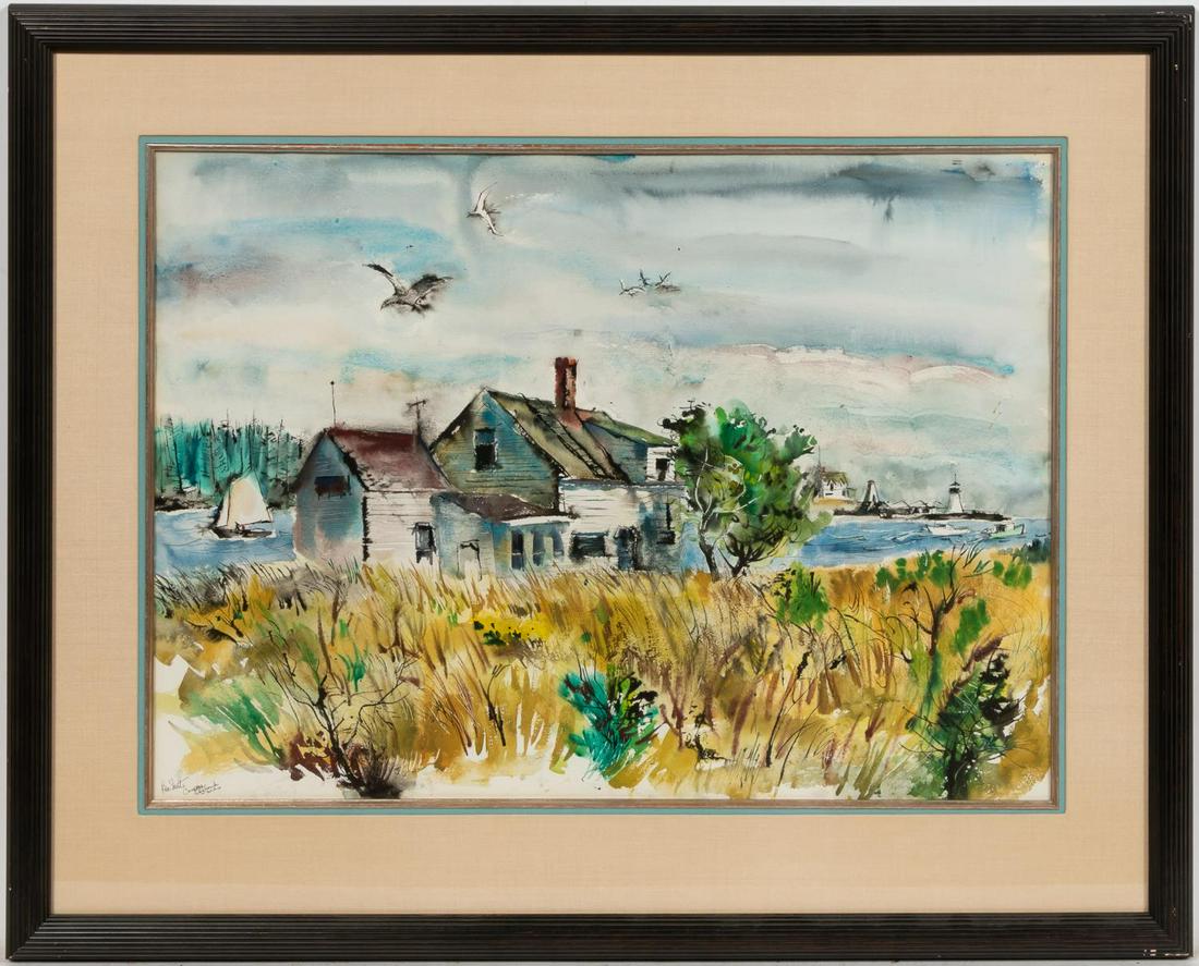 BEN SHUTE, "COOPER ISLAND MAINE" WATERCOLOR: Ben Shute (American/Georgia, 1905-1986). "Cooper Island Maine", watercolor on paper. Signed and titled lower left. Framed.Approx. 31" x 38.25" (framed), 21" x 29" (sight)