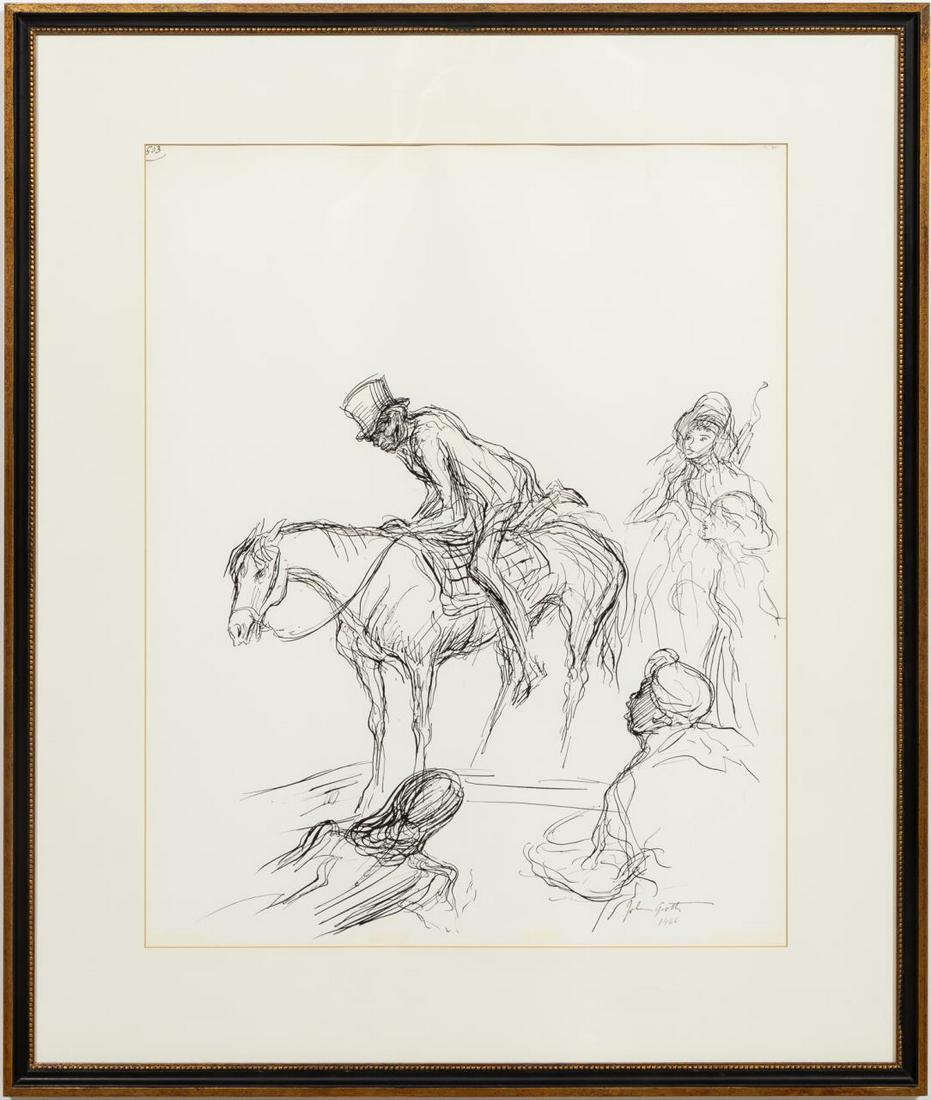 JOHN GROTH, ILLUSTRATION FROM "GONE WITH THE WIND": John Groth (American/New York, 1908-1988). "Illustration from 'Gone With the Wind" -1966, ink on paper of a figure dismounting a horse. Signed and dated lower right. Framed.Approx. 37.5" x 31.75" (fra