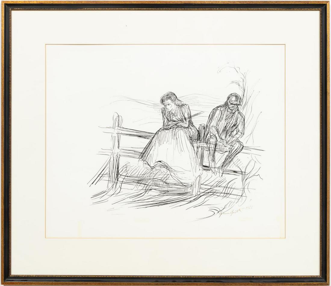 JOHN GROTH, ILLUSTRATION FROM "GONE WITH THE WIND": John Groth (American/New York, 1908-1988). "Illustration from 'Gone With the Wind" -1966, ink on paper of two figures sitting on a fence. Signed and dated lower right. Framed.Approx. 31.25" x 36.125"