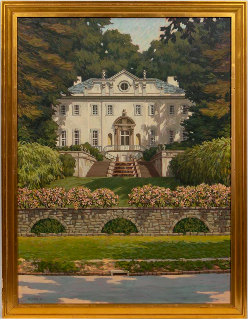 STUART ROPER, ATLANTA SWAN HOUSE, SIGNED OIL: Stuart Roper (American/Georgia, 20th/21st century). "Afternoon - the Swan House" -1990, oil on canvas. Signed and dated lower left; titled, dated, and signed verso.Approx. 53.5" x 41.25" (framed), 48"