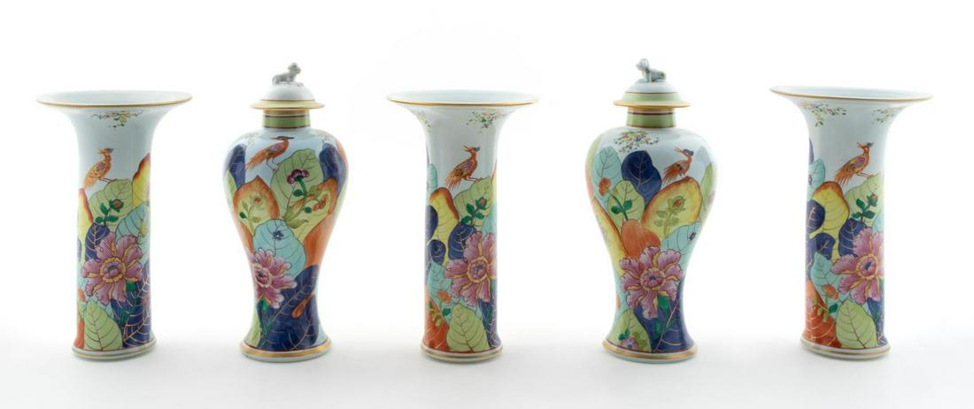 5 PIECE COLLECTION OF MOTTAHEDEH TOBACCO LEAF: Mottahedeh, mid to late 20th century. Five piece collection "Tobacco Leaf" pattern porcelain comprising three trumpet vases and two lidded jars. Marked "Lowestoft reproduction created by Mottahedeh" a