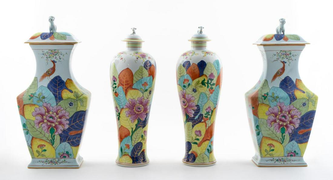 4PC MOTTAHEDEH TOBACCO LEAF PORCELAIN GROUPING: Mottahedeh, mid to late 20th century. Four pieces of Chinese export style "Tobacco Leaf" pattern lidded porcelain vases with lion finials and hand painted brilliant colors. Marked to underside "Lowest