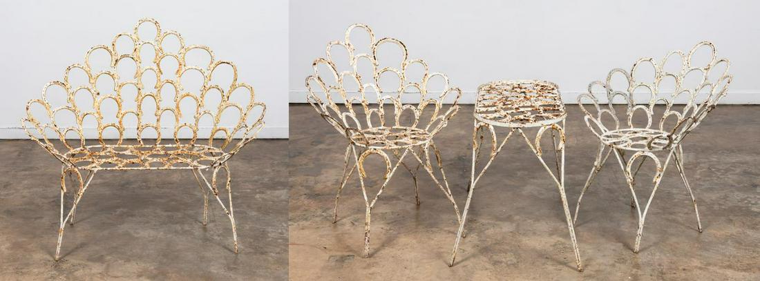 4-PIECE IRON HORSESHOE GARDEN SEATING GROUP: American, 20th century. A painted heavy custom wrought iron and vintage horseshoe four piece garden seating group comprised of settee (h. 45.5", w. 49.25", d. 28"), 2 chairs (h.34.25", w. 28.5", d. 28