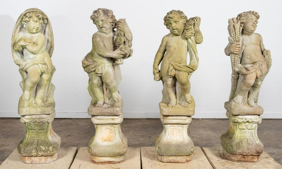 THE FOUR SEASONS, GARDEN SCULPTURES, SET OF FOUR: Ron Perry, circa 1993. Four cast stone putti in classical drapery holding elements representing the four seasons. Each figure resting on a flared base. Each marked "1993 by Ron Perry".Approx. h. 35" (