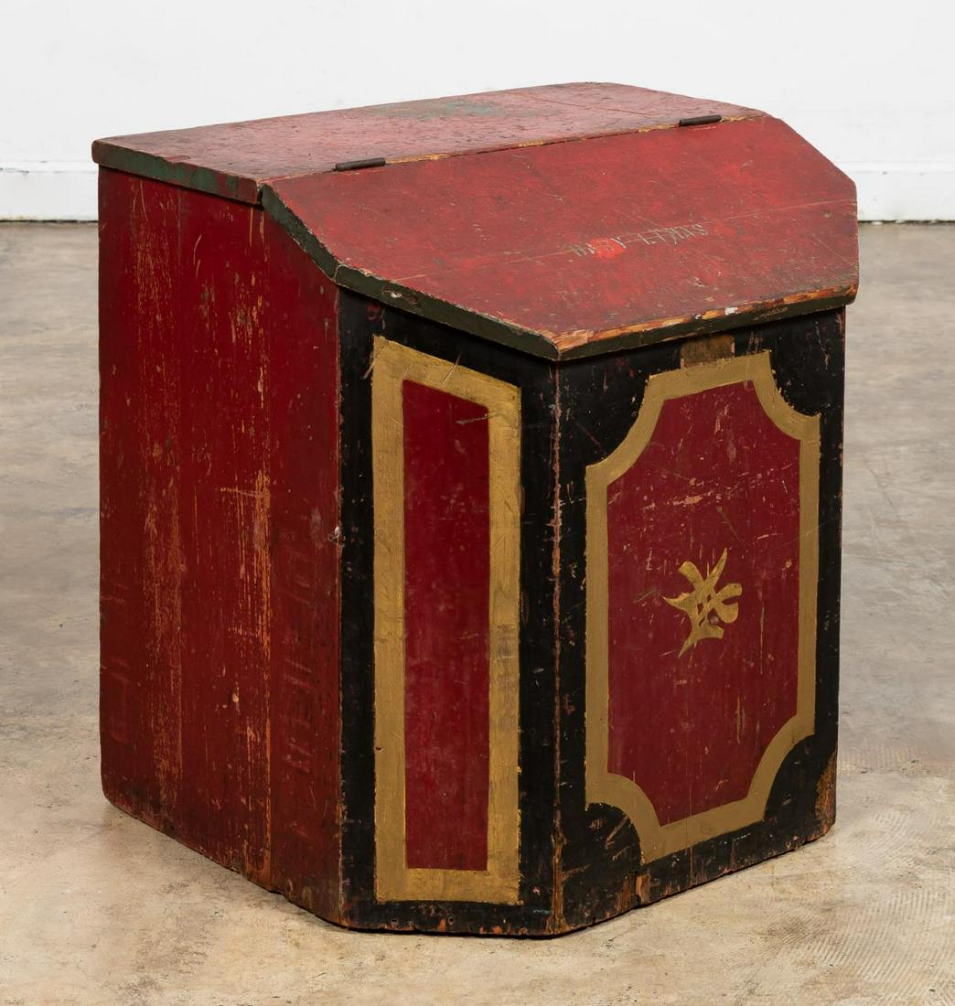 PAINTED FINISH SOFT WOOD COUNTRY STORE BIN: Probably American, late 19th/ early 20th century. Painted wood with hinged slope top and canted front corners, lid exterior and interior with stenciled label of "Baby Limas." Bin was likely originally