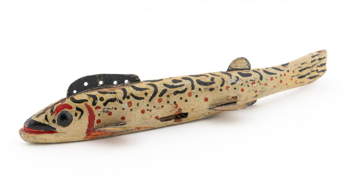 SMALL POLYCHROME & WOOD ICE FISHING DECOY: Oscar Peterson (1887-1951), 1945-1951 (period 5). Rare brook trout ice fishing decoy, carved wood with polychrome details and metal fins. Apparently unmarked.Approx. h. 1.25", d. 7".