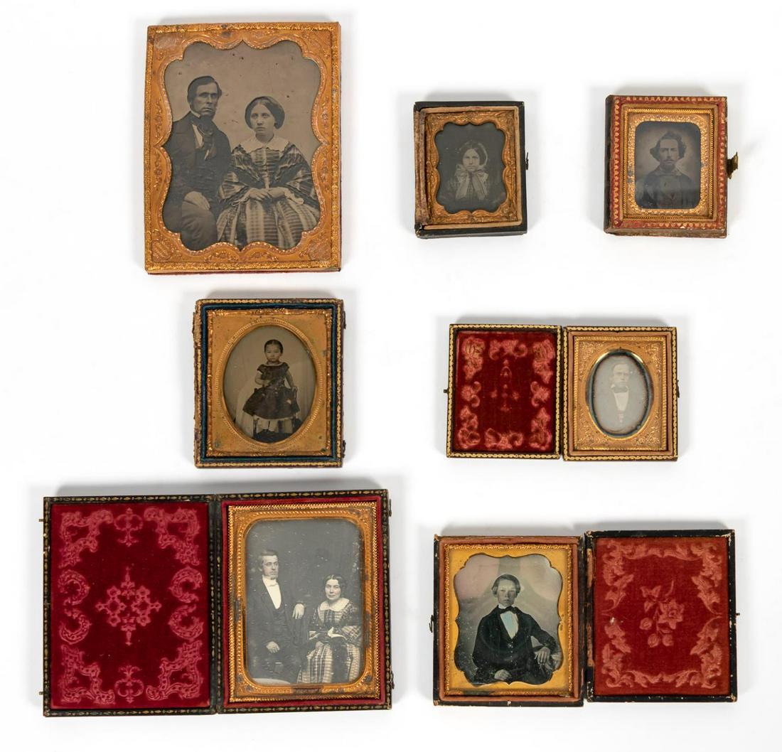 DAGUERREOTYPE & AMBROTYPE PHOTOGRAPHS: Grouping of daguerreotype and ambrotype figural photographs in tooled leather cases. Apparently unmarked. Approx. h.5.5", w. 4.25 (largest), h. 2.875", w. 2.375" (smallest). Provenance: Items deaccess