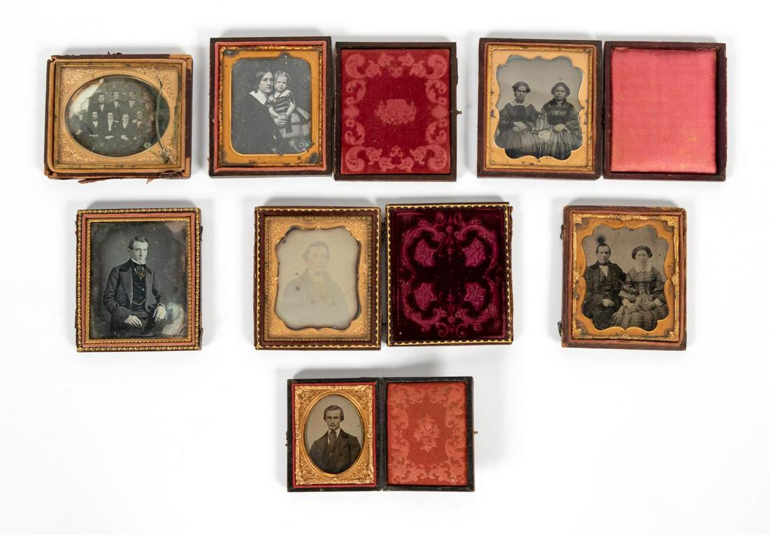 DAGUERREOTYPE & AMBROTYPE FIGURAL PHOTOGRAPHS: Grouping of daguerreotype and ambrotype figural photographs in tooled leather cases. Approx. h. 3.75", w. 3.25" (largest), h. 3", w. 2" (smallest). Provenance: Items deaccessioned from The Ware-Lyndon