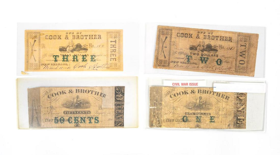 COOK & BROTHER CIVIL WAR OBSOLETE CURRENCY: Cook & Brother, New Orleans, Louisiana. Group of four piece of fractional and obsolete currency comprising of one 50 cent note (unsigned), $1 note (unsigned), $2 note (March 15, 1862, no. 1253), and $
