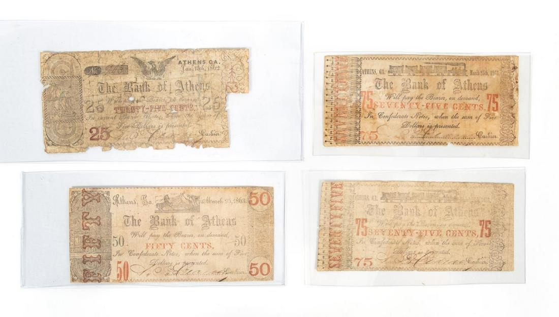 BANK OF ATHENS 1862 & 1863 FRACTIONAL CURRENCY: Bank of Athens, Georgia. Group of fractional notes comprising of one 25 cent Jan. 15, 1862 note, one 50 cent March 25, 1863 note, and two 75 cent March 25, 1863 note. All signed by bank president. Not