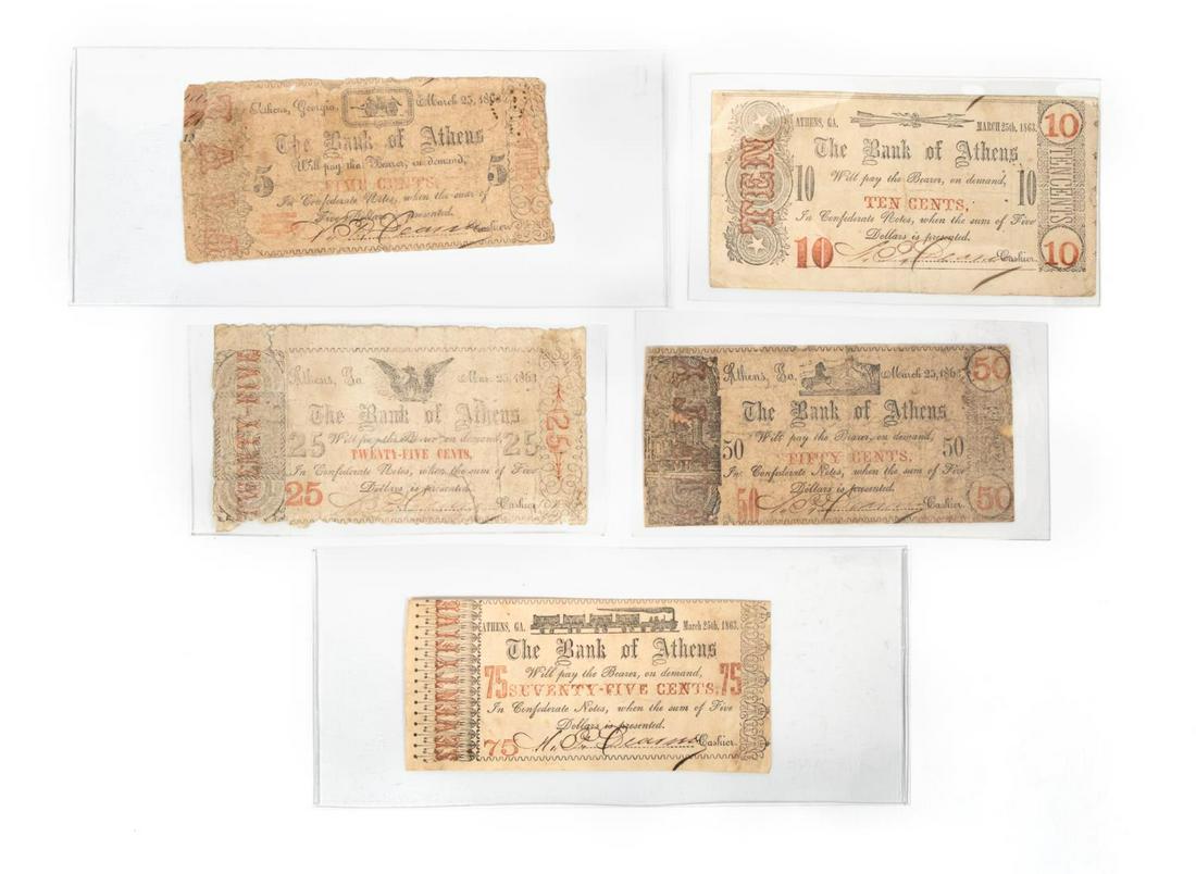 BANK OF ATHENS 1863 FRACTIONAL CURRENCY: Bank of Athens, Georgia. Group of fractional notes comprising of one 5 cent note, one 10 cent, one 25 cent, one 50 cent note, and one 75 cent note; all March 25, 1863. All signed by bank president. Pr