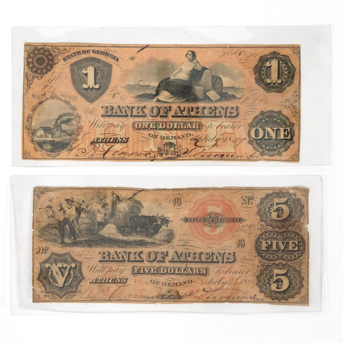 "BANK OF ATHENS" OBSOLETE NOTES, 1859 $1 & $5: Bank of Athens, Georgia. Group of two obsolete currency comprising of one $1 July 1859 note and one $5 July 1859. Both signed by bank president. Provenance: Items deaccessioned from The Ware-Lyndon Hi