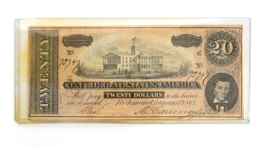 1864 $20 CONFEDERATE STATES OF AMERICA NOTE: Confederate States of America, Richmond, Virginia. $20 February 17, 1864. Signed by Carrington (treasurer). Provenance: Items deaccessioned from The Ware-Lyndon Historic House Museum in Athens, Georgi