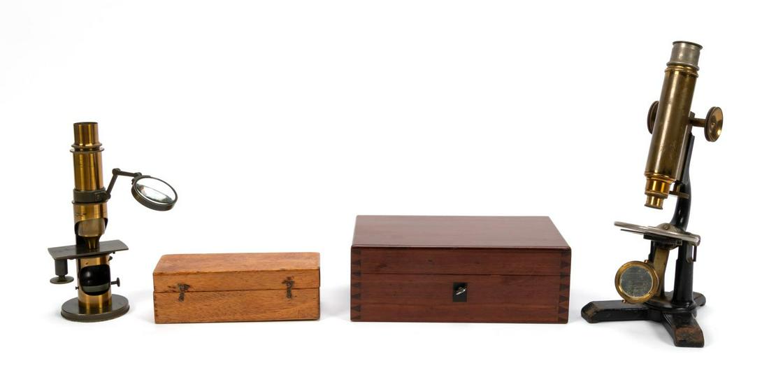 QUEEN & CO. MICROPSCOPE, COMPOUND MICROSCOPE & BOX: Group of two antique microscopes comprising a James W. Queen & Co. (American, 1853-1925) model 4460 microscope with 1X E. Leitz Wetzlar lens, a brass compound drum microscope, likely European, with th