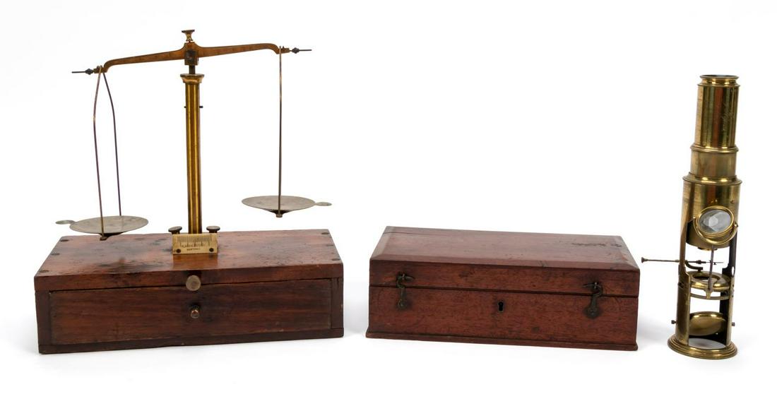 19TH C. BRITISH MICROSCOPE AND AMERICAN SCALE: Group of two 19th century medical or scientific instruments comprising a J. Hynes (British, 19th century) brass compound drum microscope with assorted lenses and accessories, housed in a wooden case (