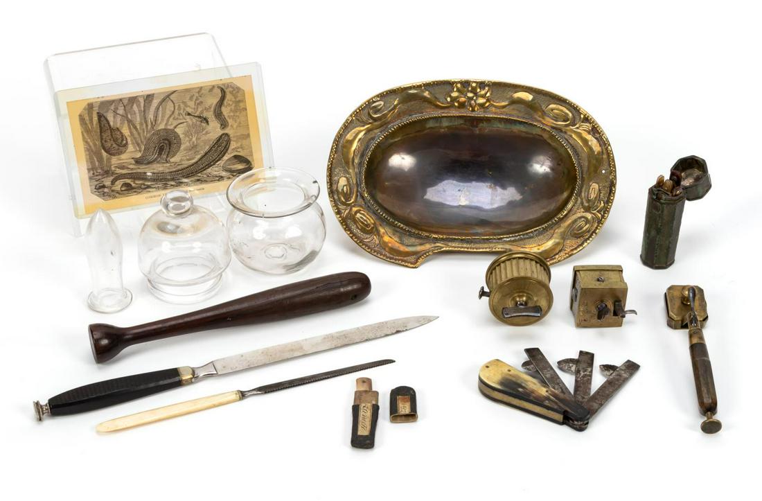 BLOODLETTING & LEECH INSTRUMENT GROUPING: Grouping 19th century medical or scientific instruments for Phlebotomy comprising of one second half 19th century six thumb lancets in case, one lancet in case, one knife tool with lancets, one circa 