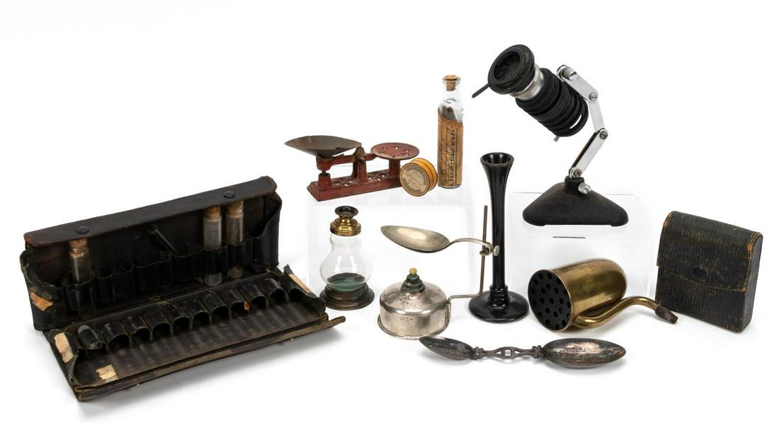 MISC. 19TH & 20TH CENTURY MEDICAL GROUPING: Group of miscellaneous 19th and 20th century medical tool grouping comprising of one American Optical partial lab microscope with aperture attachment, one antique insect magnifier, one Currier & Roby 