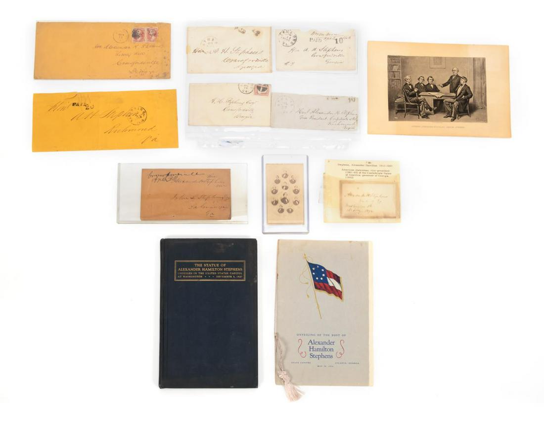 ALEXANDER HAMILTON STEPHENS ARCHIVE: Archive grouping pertaining to Alexander Hamilton Stephens, Vice President of the Confederate States of America (American, 1812 - 1883) comprising: a signed card inscribed "Alexander H. Stephens/M.C. 