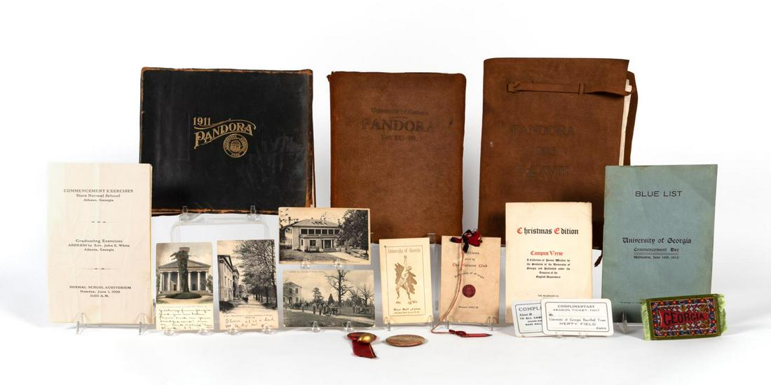 EARLY 1900S UNIVERSITY OF GA. MEMORABILLIA: Grouping of mainly early 1900s era University of Georgia memorabilia comprising: 1905, 1908 and 1911 "Pandora" yearbooks all with soft leather covers; early 1900s "Campus Verse, Christmas Edition", En