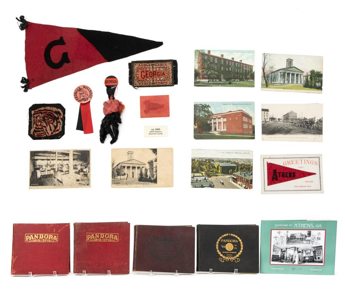 1900'S UNIVERSITY OF GA. MEMORABILLIA: Grouping of mainly early 1900s era University of Georgia memorabilia comprising: 1901, 1902, 1903 and 1904 "Pandora" yearbooks; a vintage felt pennant and "Bulldog" patch circa 1900; two early pinback