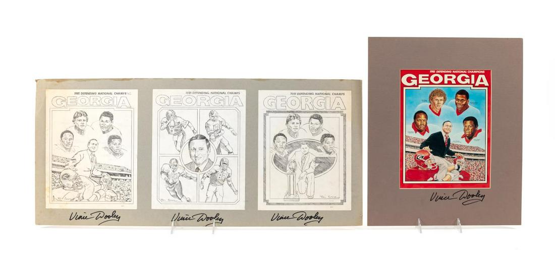 2PC VINCE DOOLEY SIGNED MAGAZINE STORYBOARD, 1981: Group of signed Vince Dooley (b. 1932), twenty-five year football coach at the University of Georgia, comprising three original graphite proposal drawings on paper, mounted to board, by Ron T. Evans (