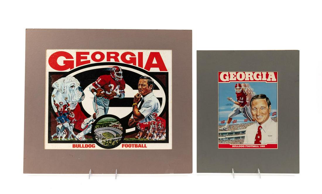 UGA FOOTBALL MAGAZINE COVERS, VINCE DOOLEY: Two University of Georgia matted Georgia magazine prints / covers designed by Ron T. Evans (American, 20th c.) featuring Vince Dooley (b. 1932 -), Terry Hoage (b. 1962 -), and 1982 bulldog nostalgia.
