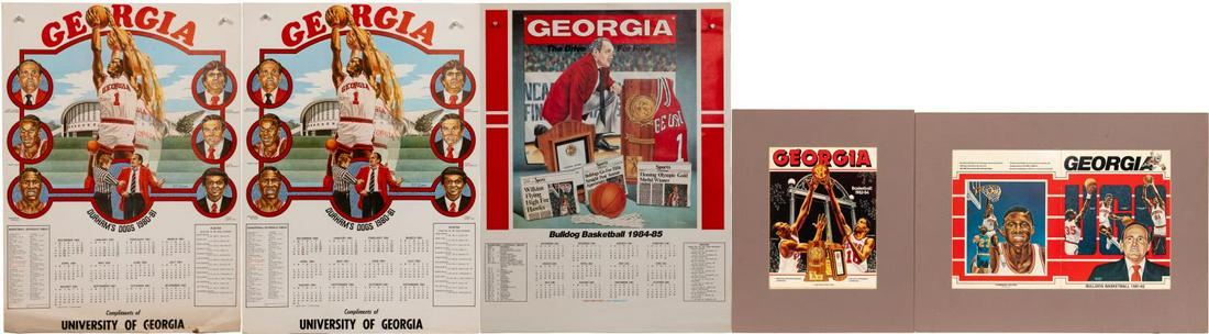 UNIVERSITY OF GEORGIA BASKETBALL EPHEMERA: Grouping of University of Georgia basketball ephemera featuring the artwork of Ron T. Evans (American, 20th century) comprising two "Durham's Dogs" 1980 - 1981 calendars depicting head coach Hugh Durh