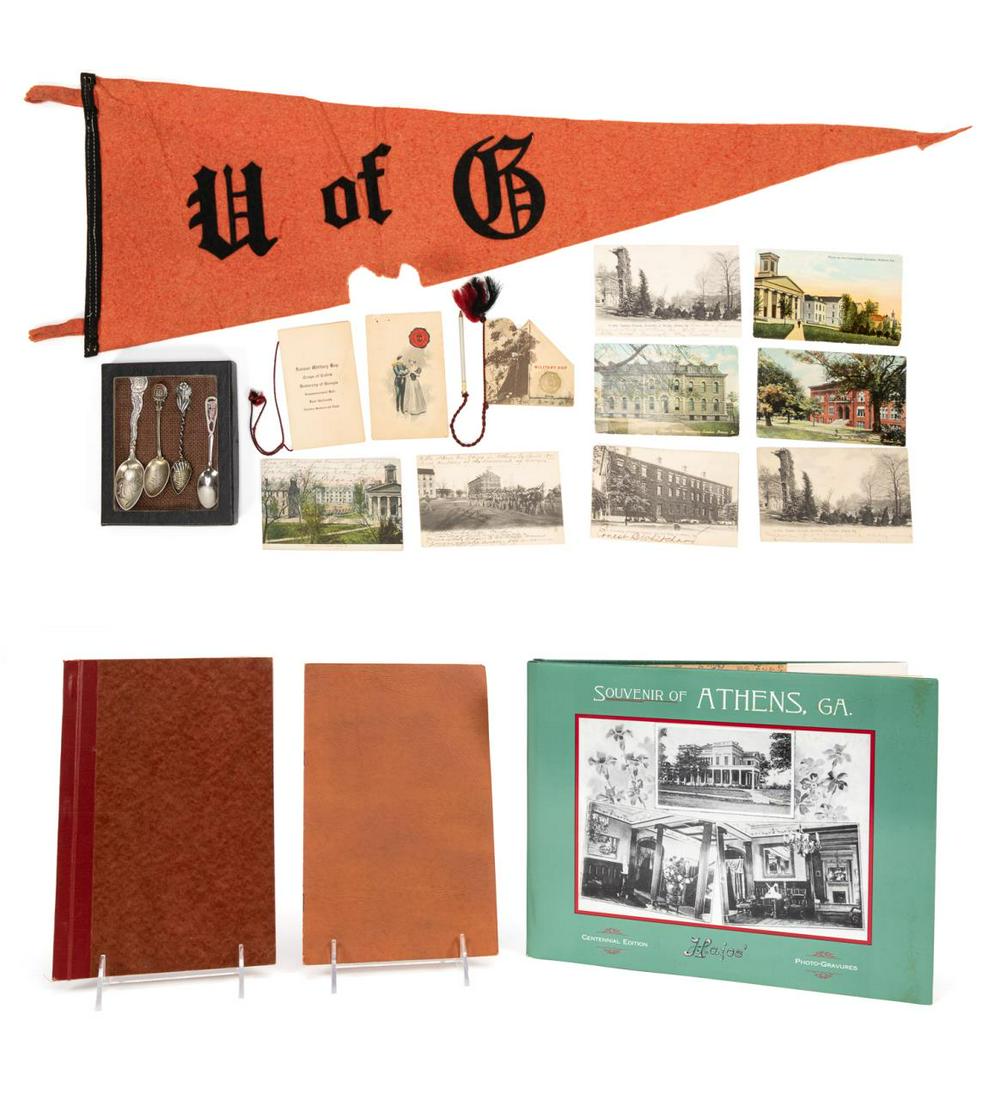 VINTAGE UGA MEMORABILA GROUPING, PENNANT: Grouping of University of Georgia (UGA) memorabilia comprising of a late 1800s felt pennant, late 1800s bound "The Centennial" UGA quarterly bulletin, 1886 "Sophomore Exhibition" bound, 1908 Military 