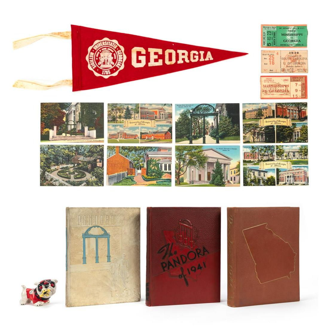 VINTAGE 1940S UGA MEMORABILIA GROUPING: Grouping of 1940s University of Georgia, memorabilia comprising of three "Pandora" yearbooks / annuals from 1940, 1941 and 1946, three UGA Sanford Stadium football tickets (1940 Mississippi vs Georgia