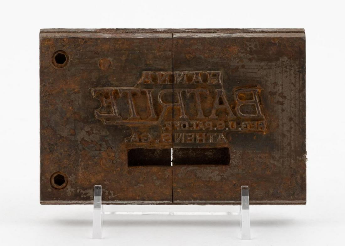 HANNA MANUFACTURING CO. METAL BAT DIE PLATE: Hanna Manufacturing Company (American), first half 20th century. Metal stamping logo die plate for baseball bats. Marked to front with "Hanna. Athens, Georgia, Made in U.S.A.". Provenance: Found at si