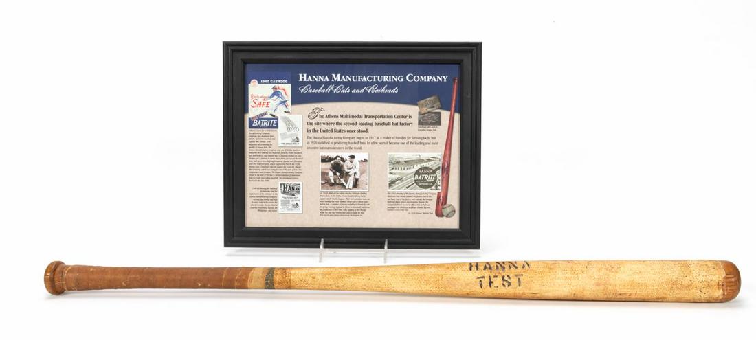 2PC MEMORABILIA, "TEST BAT" & FRAMED MUSEUM INFO: Hanna Manufacturing Co. (American), 20th century. Two piece group lot comprising of a rare experimental "Test" bat, used to assess the strength of fiberglass for baseball handles to prevent breakage a