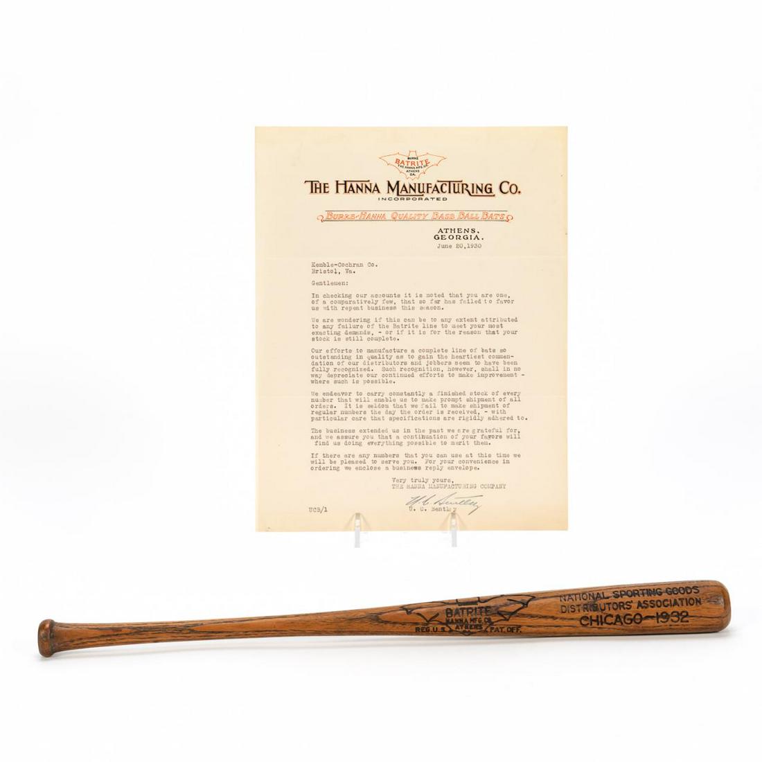 2PC 1932 HANNA BATRITE MINI BAT & CORPORATE LETTER: Hanna Manufacturing Company (American), 20th century. One wooden mini advertising baseball bat with flying bat logo, Chicago 1932 and Hanna Manufacturing correspondence letter. Bat marked to body. Pro