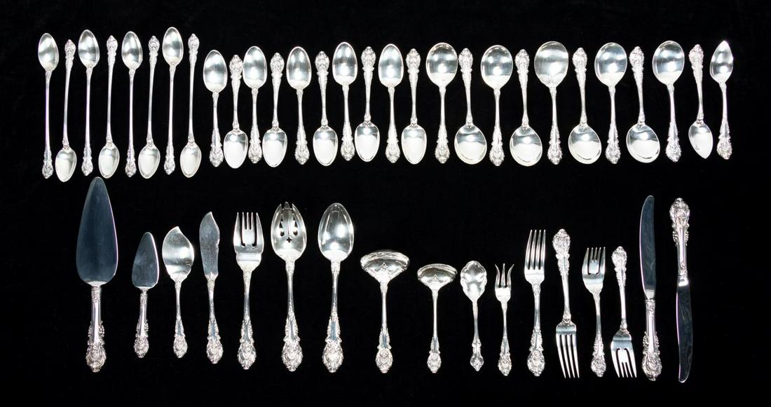 45 PCS WALLACE "SIR CHRISTOPHER" STERLING FLATWARE: Wallace Silversmiths (American/20th century). Forty-five piece "Sir Christopher" pattern sterling flatware service comprising two forks (7.25"), two salad forks (6.5"), ten teaspoons (6"), eight cream