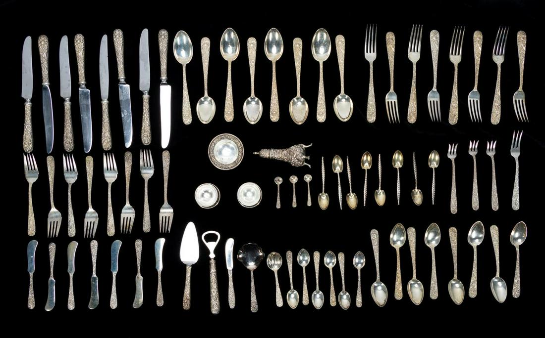S KIRK & SON "REPOUSSE" STERLING FLATWARE SET: S. Kirk and Son (American, 20th c.). "Repousse" pattern sterling flatware partial set comprising eight forks (7.25"), eight salad forks (6.25"), three cocktail forks (5.25"), eight spoons (6.75"), eig