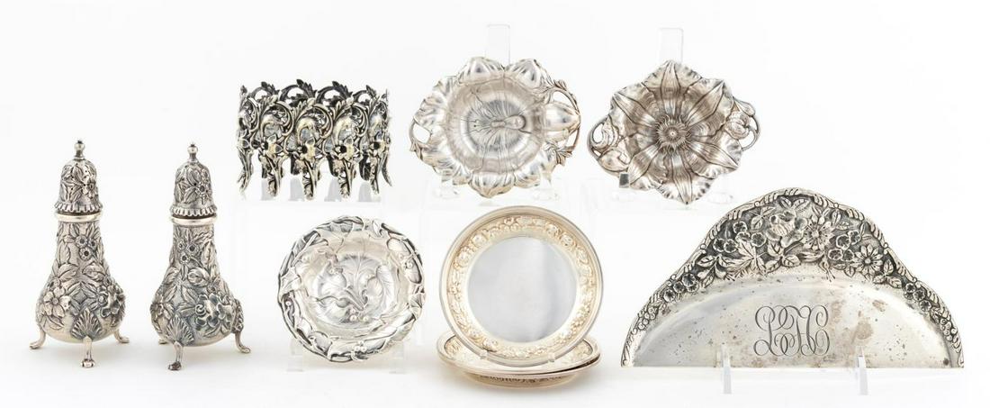 GORHAM & KIRK SILVER, COLLECTION OF TEN PIECES: American, 20th century. Group of sterling silver including three Gorham nut dishes, three Steiff butter pats, S Kirk and Son crumber, and S Kirk and Son salt and pepper shakers. Together with silver p