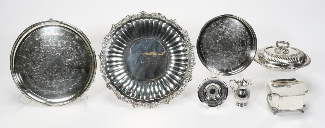 7PC ENGLISH & AMERICAN SILVERPLATE GROUP, SERVING: English & American, late 19th to early 20th century. A seven piece grouping of silverplate table accessories comprising of three round platters from The Sheffield Silver Co. (English, founded 1908), W