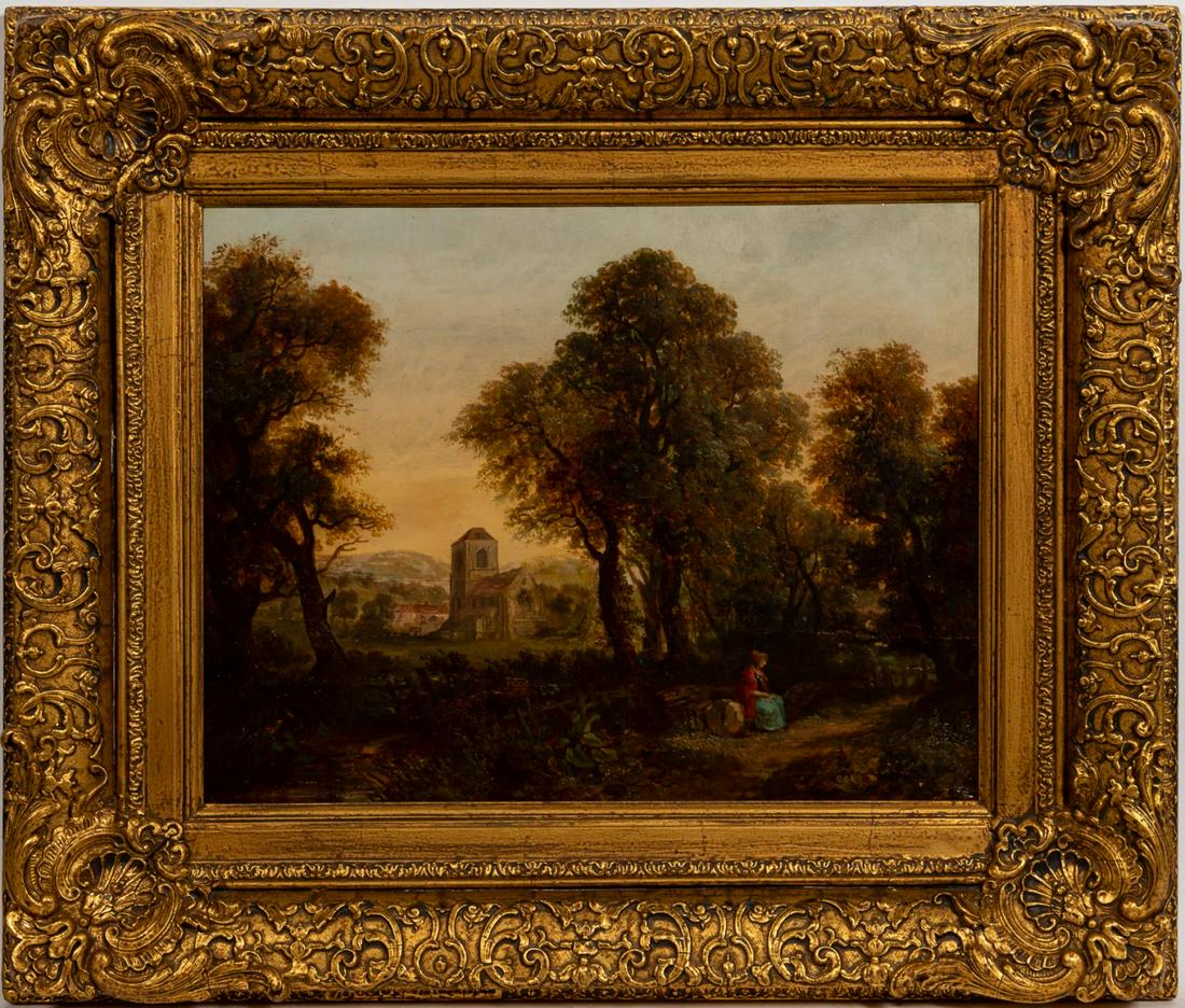 ENGLISH LANDSCAPE BY JAMES STARK, ANTIQUE FRAME: James Stark (British, 1794-1859). "English Landscape with Church", oil on canvas. Signed lower right. Period frame.Approx. 28.75" x 33.75" (framed), 18" x 24" (canvas)