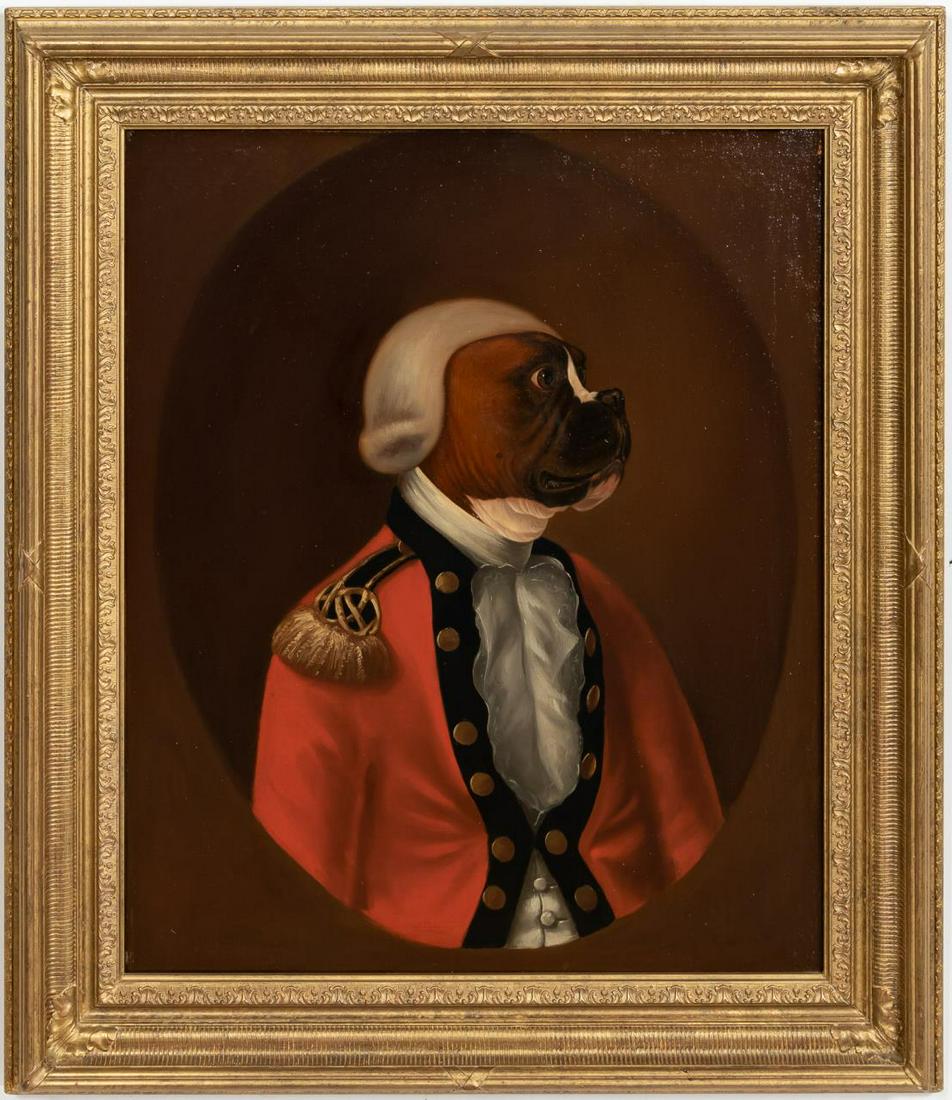 PORTRAIT, DOG IN MILITARY UNIFORM, GILTWOOD FRAME: British School, 20th century. "Portrait of a Noble Boxer", oil on canvas, apparently unsigned. An oil painting depicting a boxer wearing an English gentleman's wig in military uniform.Approx. 38.5" x