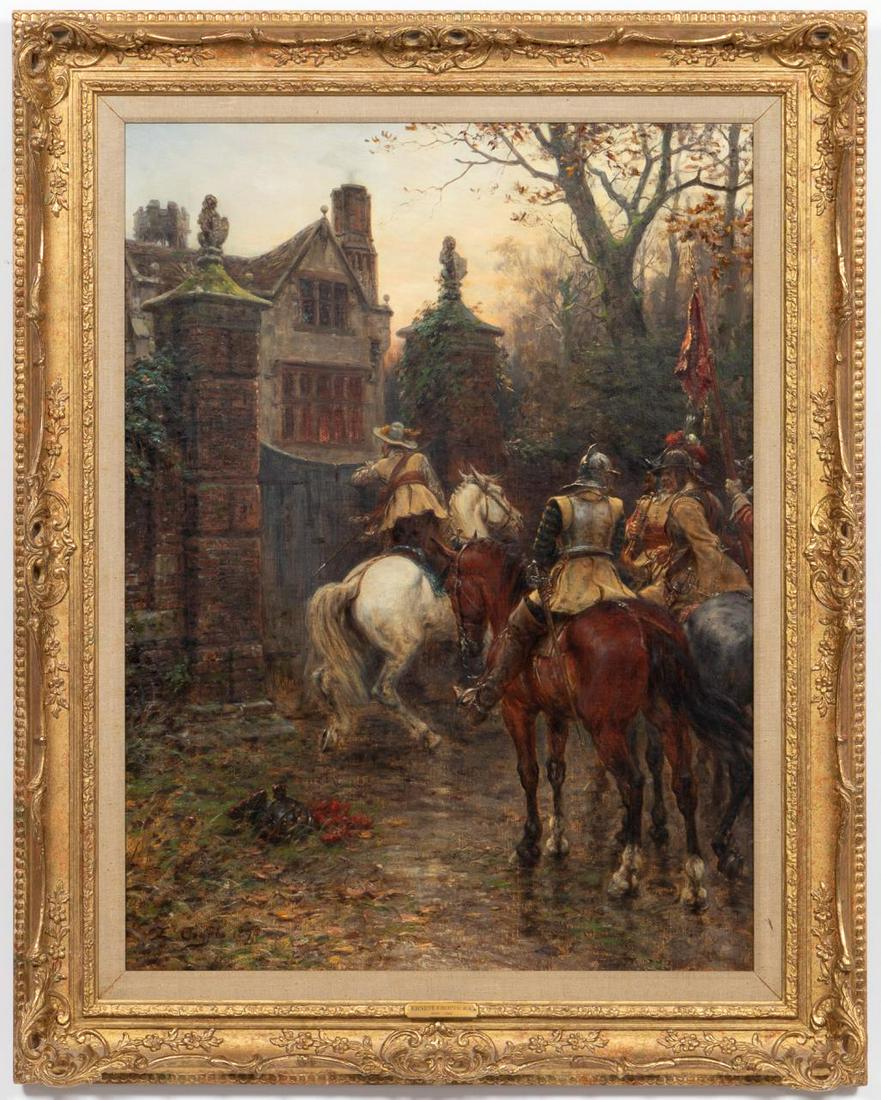 ERNEST CROFTS, "UNEXPECTED VISITORS" OIL, 1894: Ernest Crofts RA (British, 1847-1911). "Unexpected Visitors" - 1894, oil on canvas, signed to lower left "Ernest Crofts, 1894" and a Knoke Fine Arts Gallery Label to verso. A fine painting of men on h
